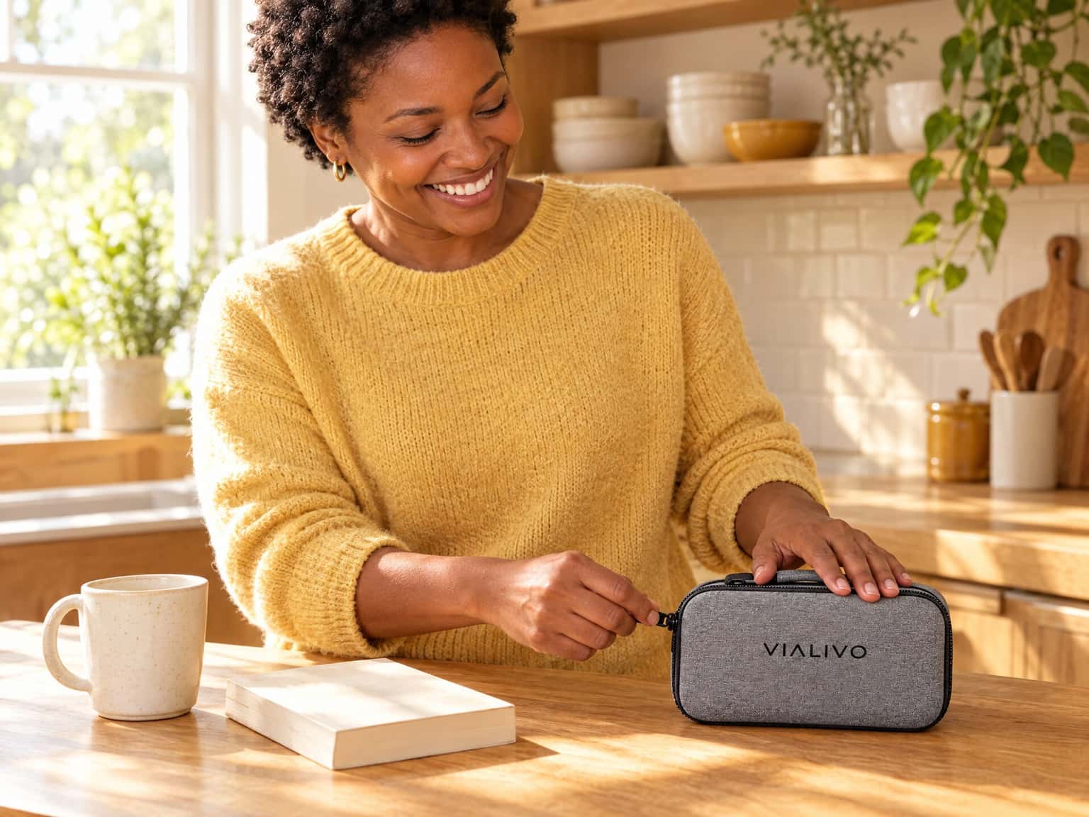 A person zips a grey Vialivo Crate 10 shut on a wooden kitchen counter, next to a mug and a book