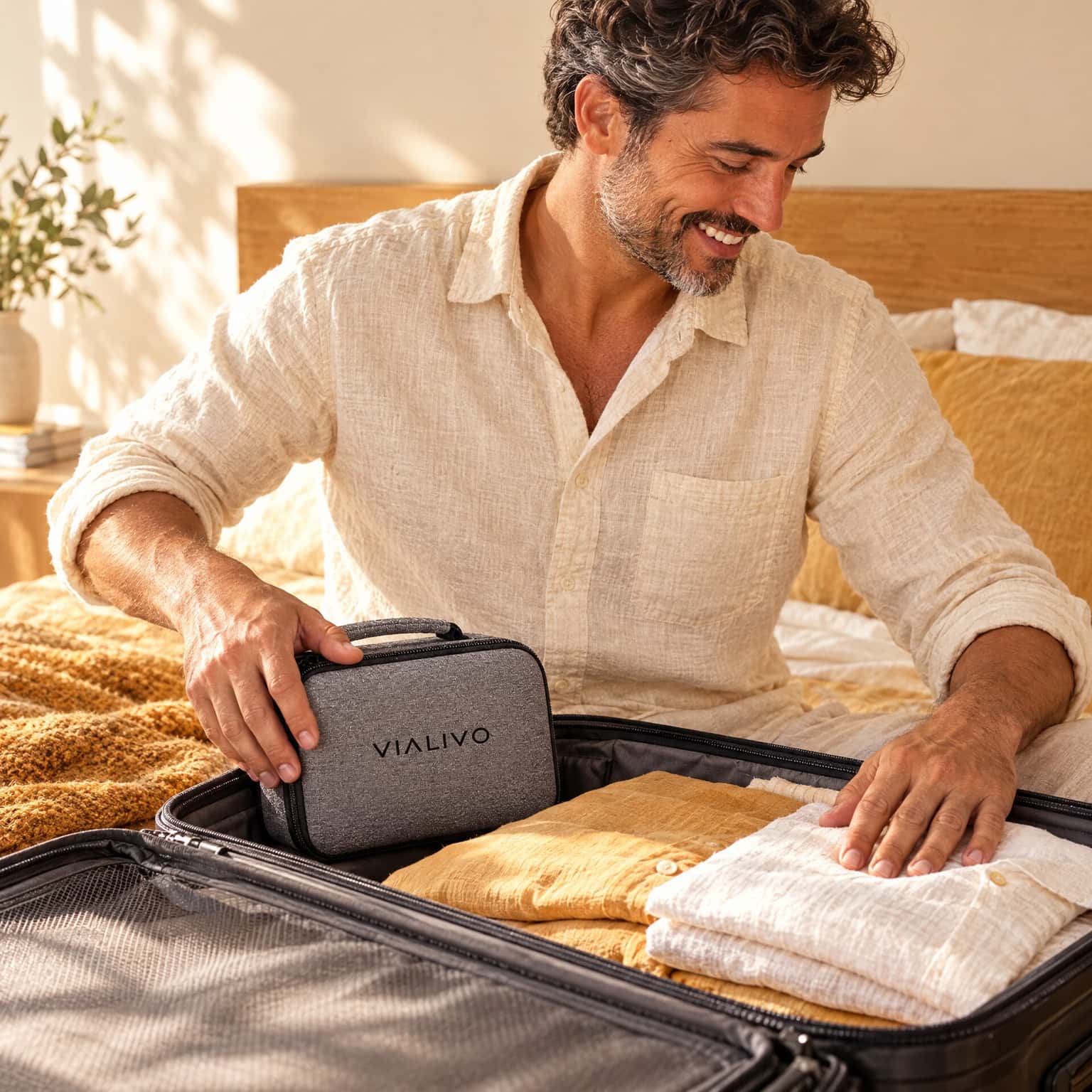 A person packs a grey Vialivo Crate 10 into an open suitcase beside folded shirts