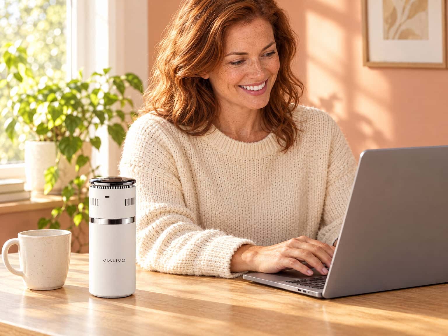 A person types on a laptop beside a white Vialivo Silo and a mug