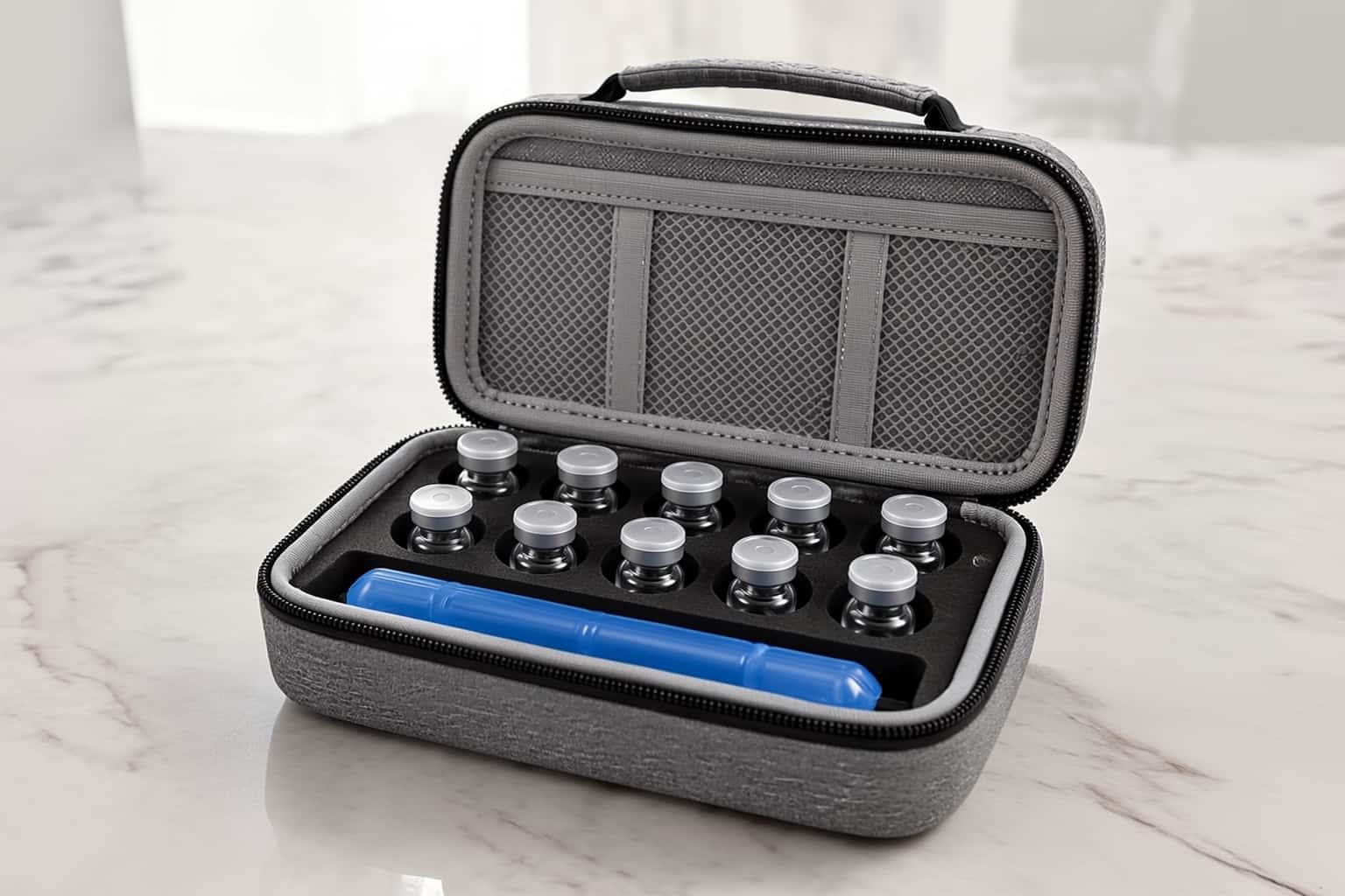 Vialivo Crate 10 open on a marble counter, with ten vials and the gel stick inside